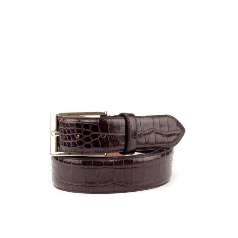 Bottom view of model Barrlis, dark brown painted croco, luggare nubuck, gold buckle Golf BespokeShoes