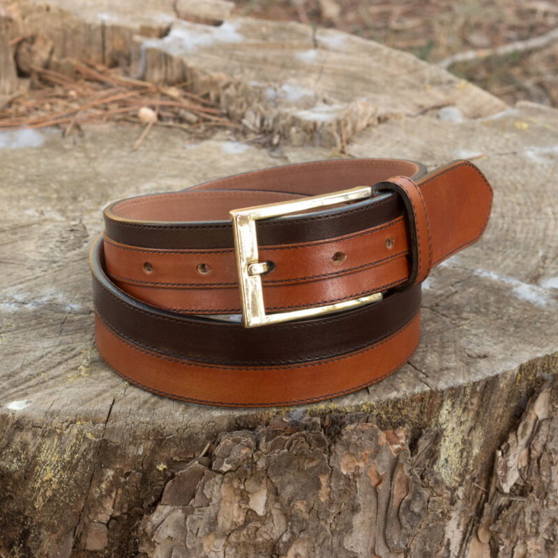 Front view of model Artaq, cognac and dark brown painted calf, luggare nubuck, gold buckle Golf BespokeShoes