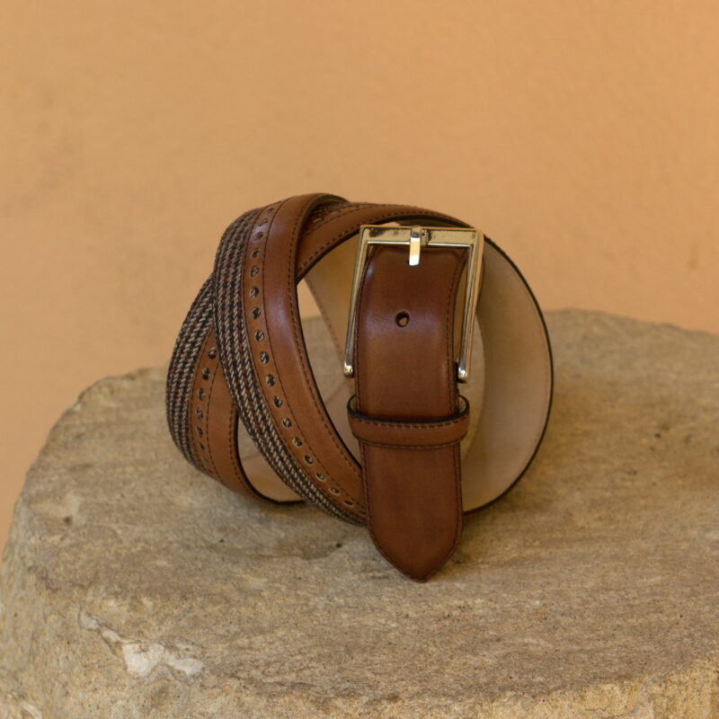 Front view of model Sequim, med brown painted calf, tweed fabric, safari nubuck, gold buckle Golf BespokeShoes