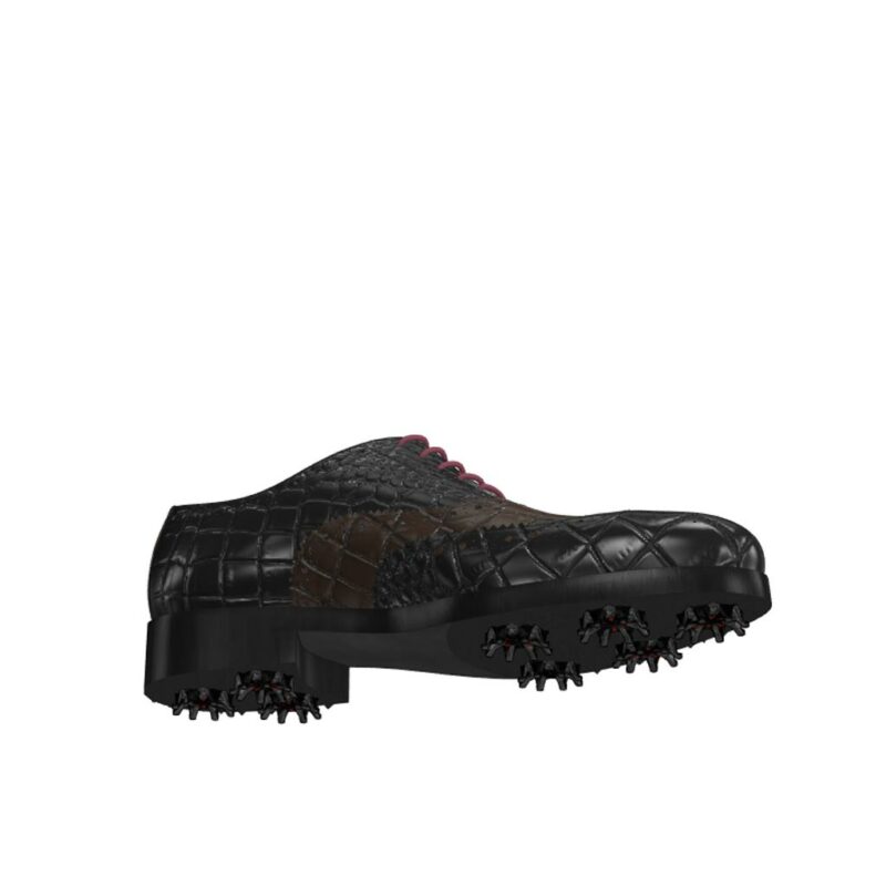Bottom view of model Michael, black and dark brown croco painted leather Golf BespokeShoes
