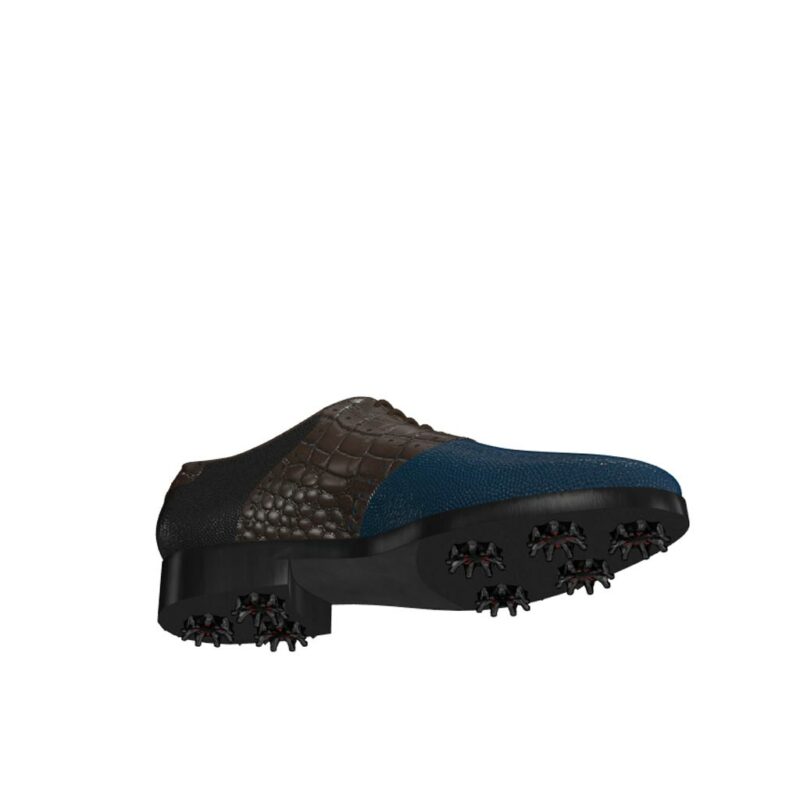 Bottom view of model Ross, blue and black pebble leather with brown painted croco Golf BespokeShoes