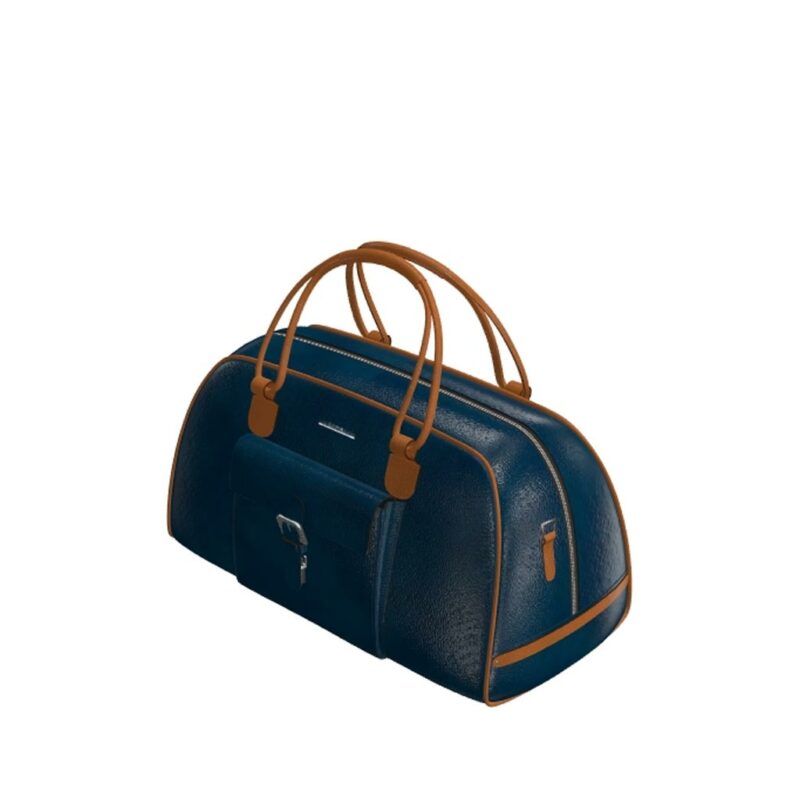 Side view of model Pebble Beach, navy blue and cognac painted full grain laetaher with niqel hardware Golf BespokeShoes