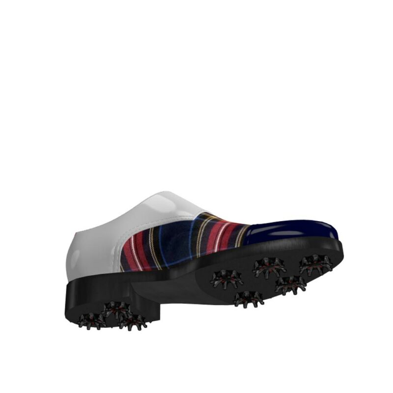 Bottom view of model Gavin, cobalt blue ant white patent leather with tartan fabric Golf BespokeShoes