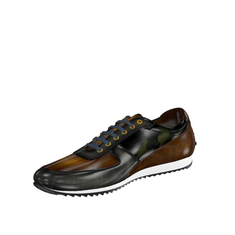 Front view of model Yellowseed, grey crust patina, cognac crust patina, khaki camo patina Golf BespokeShoes