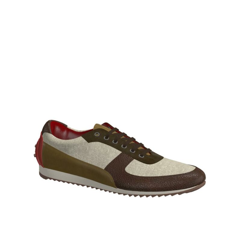 Side view of model Wolfpine, ice linen, khaki lux suede, olive painted calf, dark brown painted full grain Golf BespokeShoes