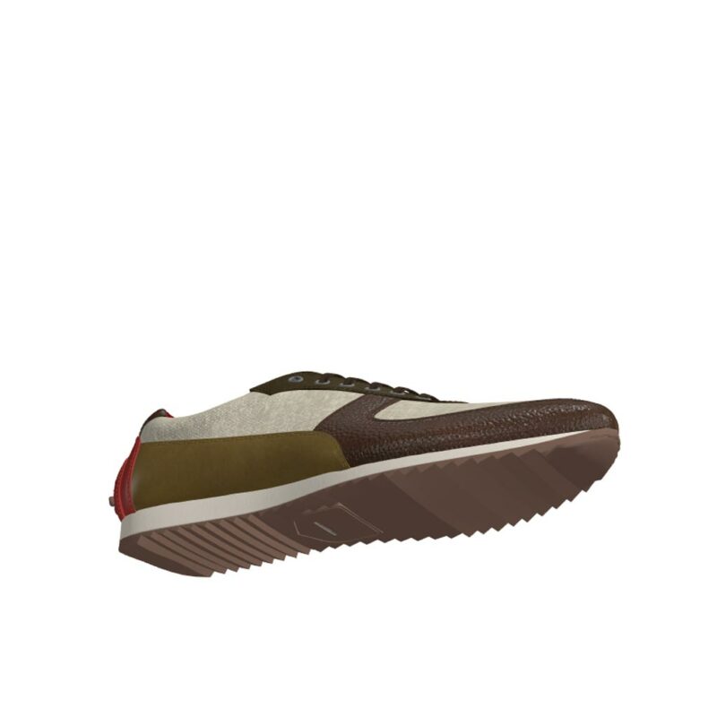 Bottom view of model Wolfpine, ice linen, khaki lux suede, olive painted calf, dark brown painted full grain Golf BespokeShoes