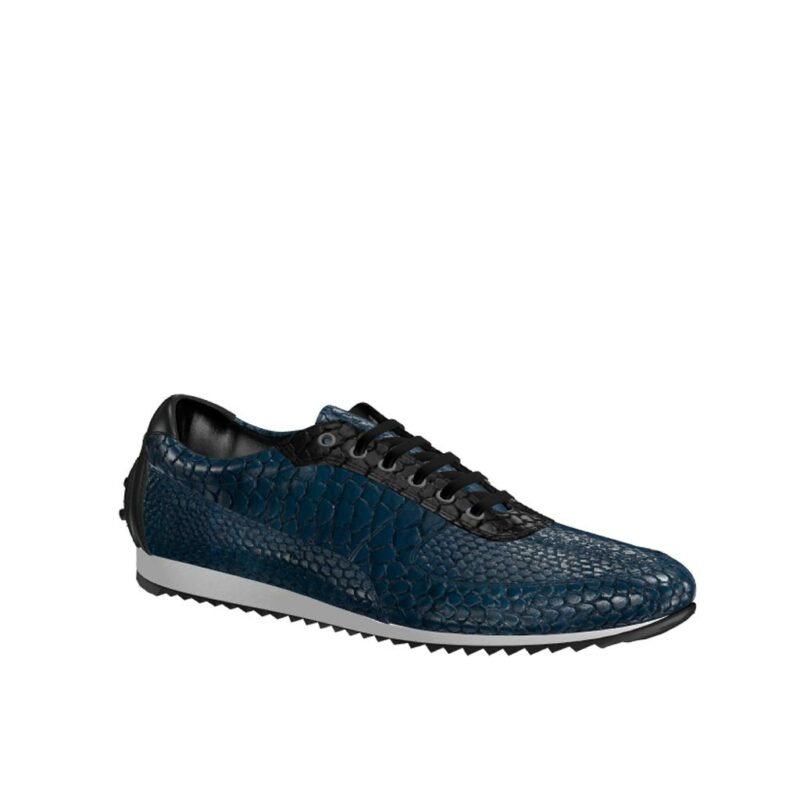 Side view of model Doncaster, black painted calf, navy exotic python, black exotic python Golf BespokeShoes