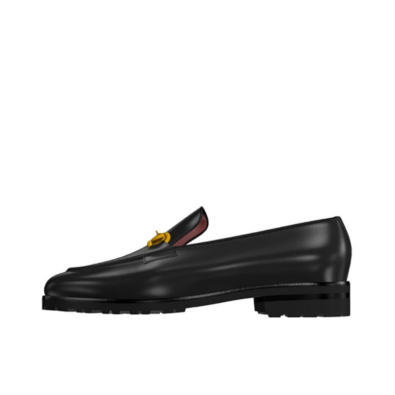 Front view of model Donald, Black polished calf and black painted croco Golf BespokeShoes