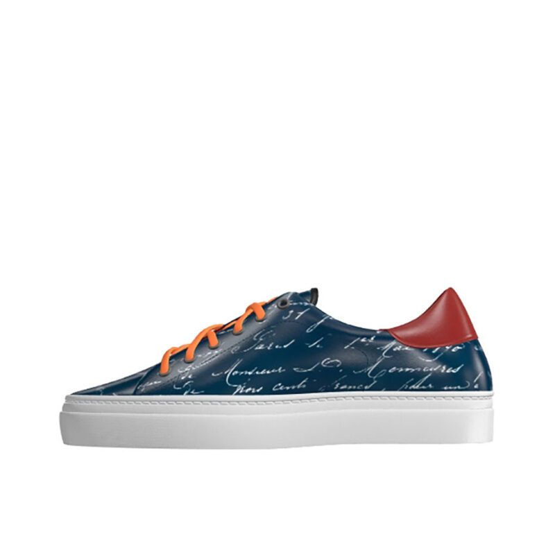 Front view of model Charles, Navy and red painted calf leather with stencil technique Golf BespokeShoes