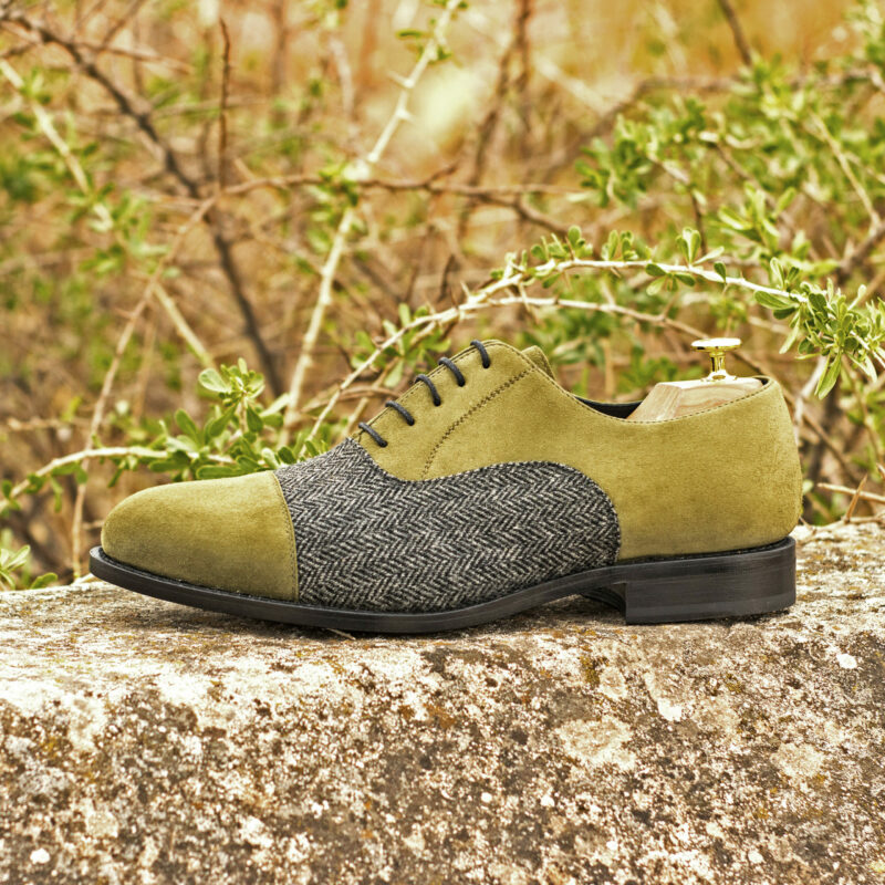 Front view of model Bailey, sartorial,kid suede Golf BespokeShoes