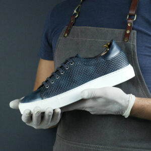 Front view of model Ocean Museum Trainer, square pattern embossed crust calf leather Golf BespokeShoes