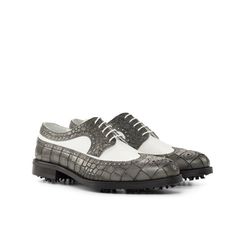 Front view of model Perseo, grey painted croco Golf Bespoke Shoes Golf BespokeShoes