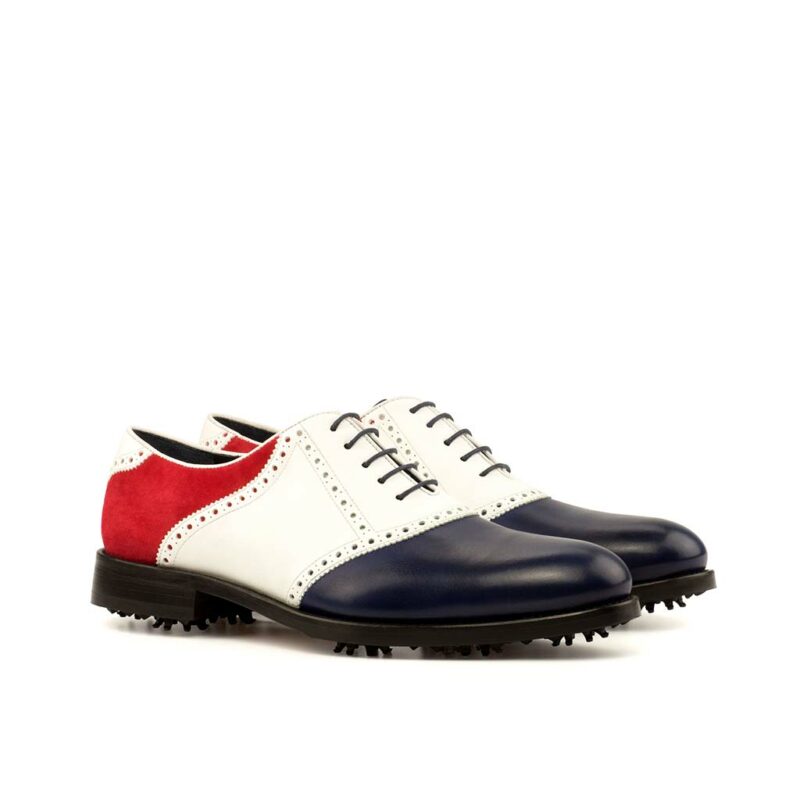 Front view of model Vezio, white box calf, navy painted calf, red kid suede Golf Bespoke Shoes Golf BespokeShoes